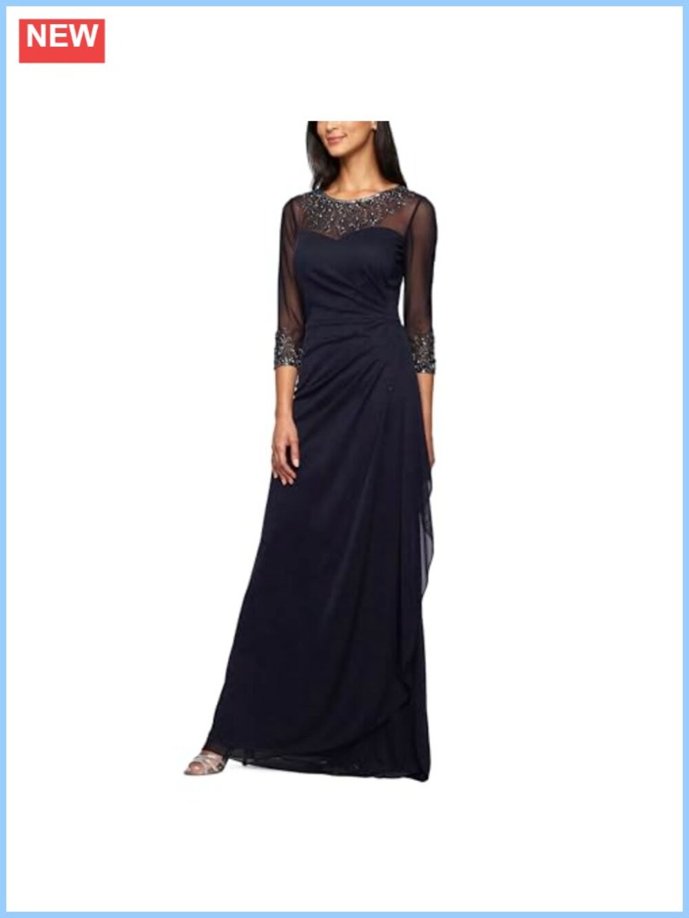 Alex Evenings Long A-Line Mother of the Bride Dress with Beaded Illusion Neck